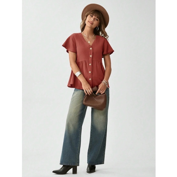 Cotton Burnt Orange Short Sleeve Shirt Button Down V-Neck - Picture 5 of 8